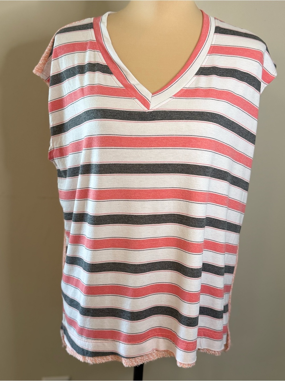 Ces Femme top pink gray stripes cap sleeves mixed media SZ SM